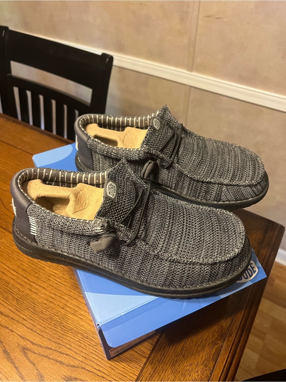 Men's Hey dude slip on shoes in charcoal gray. Like New condition